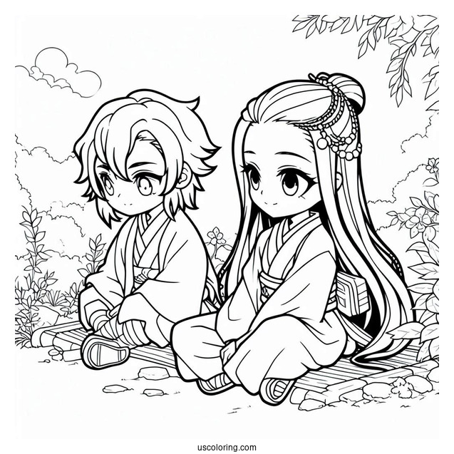 Nezuko Coloring Page Sitting Next To Inosuke In Garden