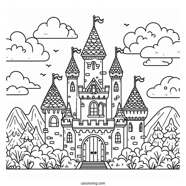 Cute Castle Coloring Page In The Clouds For Kids
