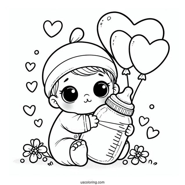 Baby Coloring Page Hugging Milk Bottle With Heart Balloons
