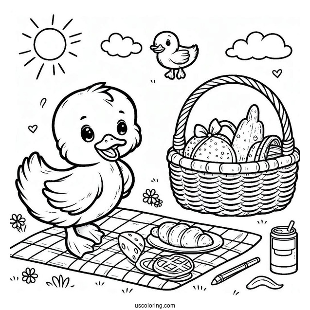 Duckling with Picnic Basket and Food Coloring Sheet For Preschoolers