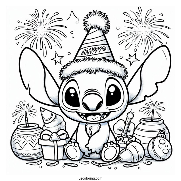 New Year Coloring Page Of Smiling Stitch With A Party Hat And A Sparkler