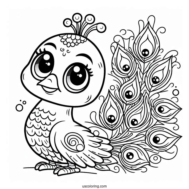 Easy Cartoon Peacock Coloring Page with Big Eyes and Simple Feathers For Kids
