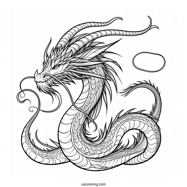 Detailed Dragon With Long Whiskers And Big Horns Coloring Page