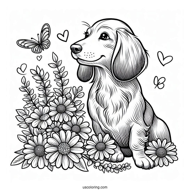 Dachshund Coloring Page Sitting With Flowers