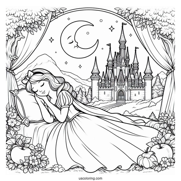 Sleeping Beauty Coloring Page Of Snow White And Aurora Outside A Castle