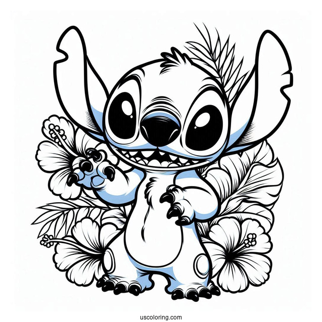 Scary Stitch With Hibiscus Flowers Coloring Page