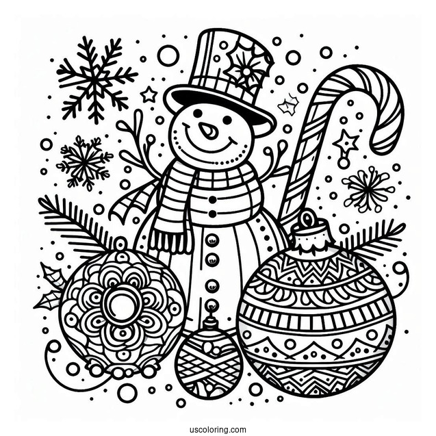 Snowman, Bauble, And Candy Cane Christmas Mandala