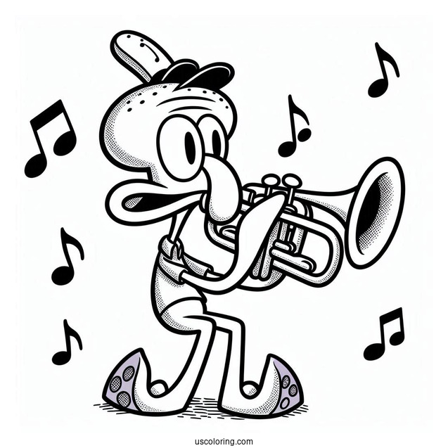 Squidward Coloring Page Playing Trumpet