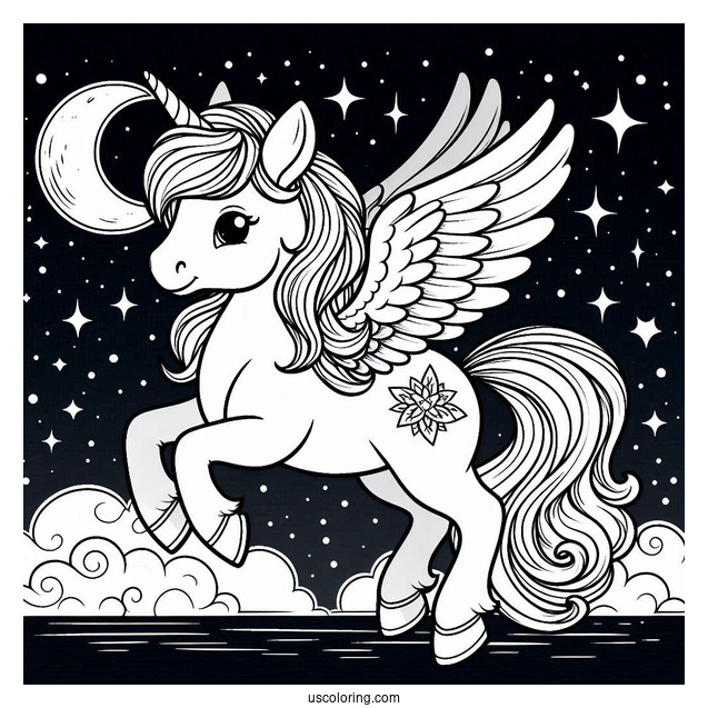 Cute Pegasus Coloring Page In the Night Sky For Kids