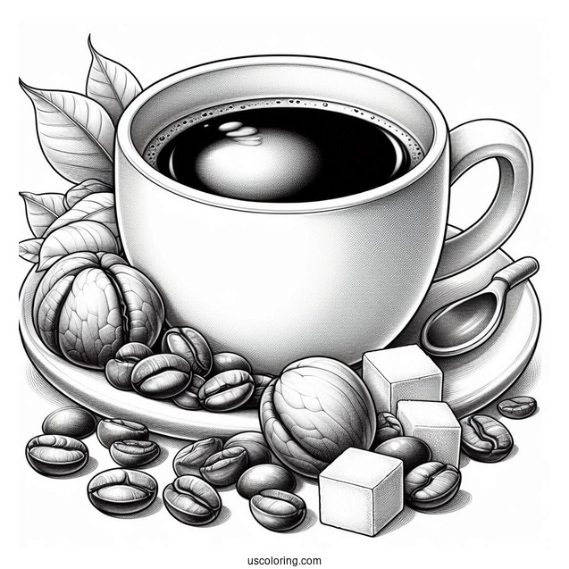 Realistic Cup Of Coffee Coloring Pages With Maracon, Sugar Cubes, And Beans