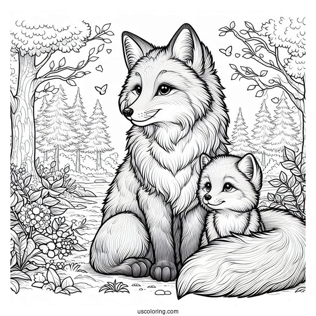 Realistic Mama Fox Coloring Page With Baby Fox In Forest