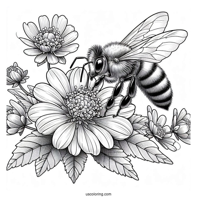 Realistic Bee Coloring Page Sucking Flower Nectar