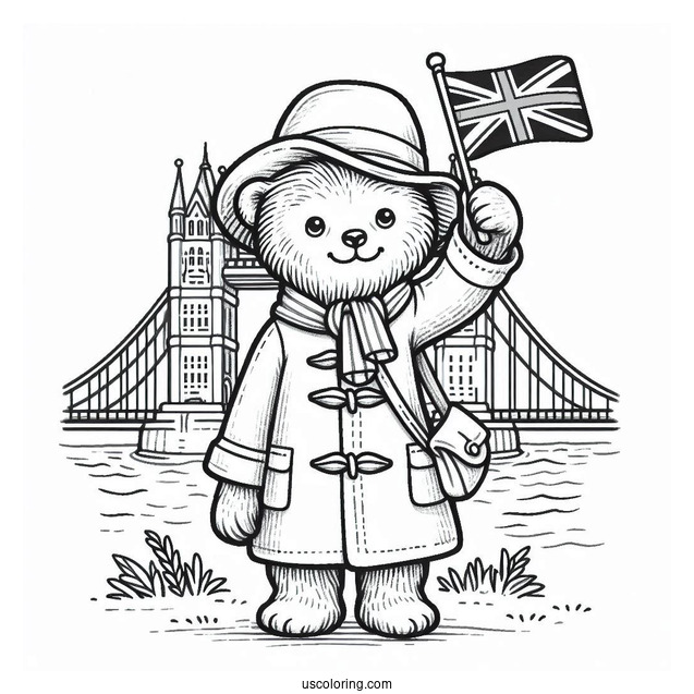 Cute Paddington Coloring Page Bear Waving The British Flag In Front Of London Bridge