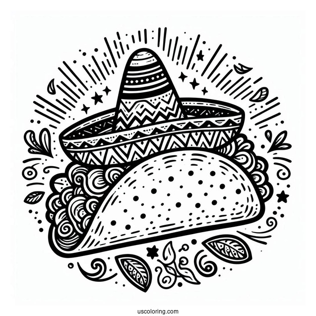 Detailed Taco Coloring Page With Sombrero On Top