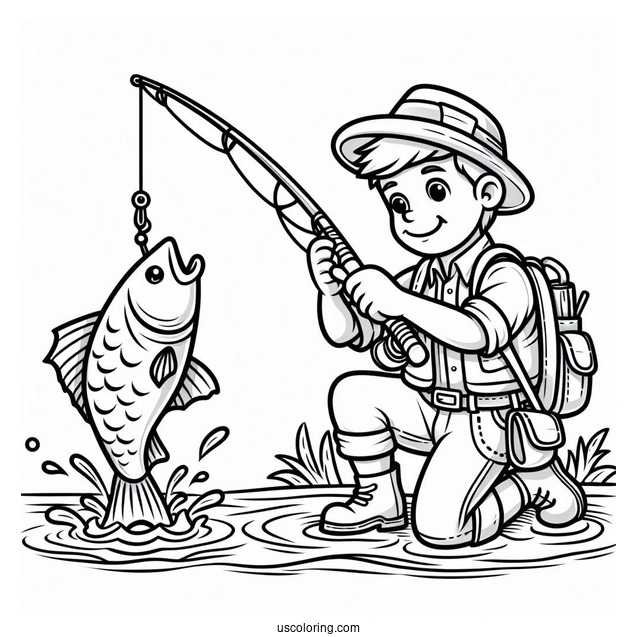 Fishing Coloring Page Of Cartoon Man Catching A Large Fish
