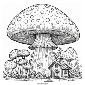 Massive Mushroom Coloring Page Growing Around A Small House