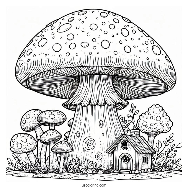 Massive Mushroom Coloring Page Growing Around A Small House