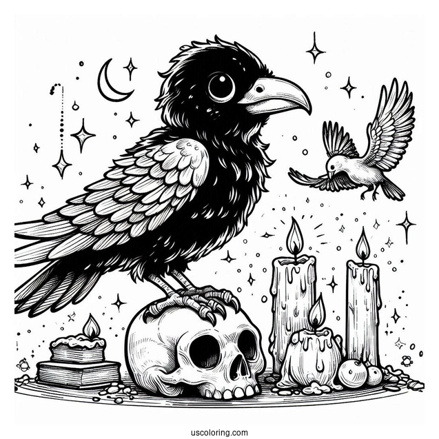 Baby Raven Coloring Page Standing On A Skull With Candles And Magic Spell Book