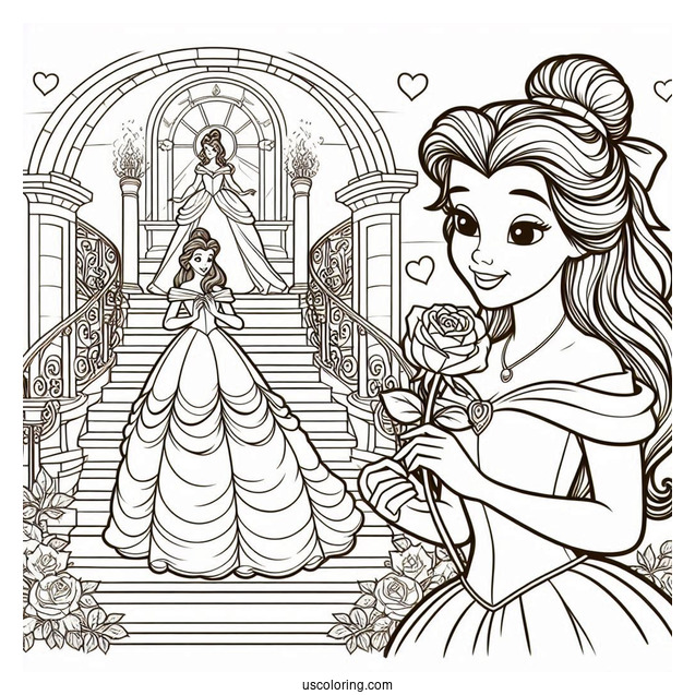 Princess Coloring Page Of Belle Holding Rose On Staircase