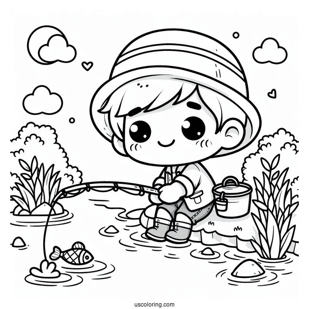 Kawaii Little Boy Fishing Coloring Page In The River For Preschoolers