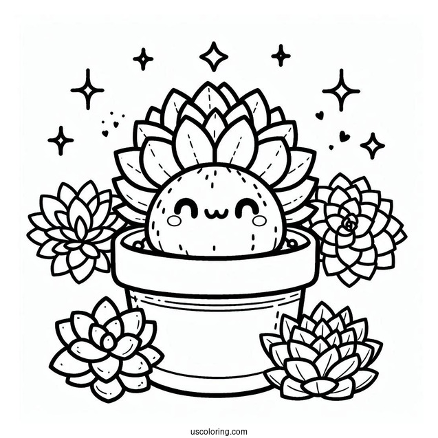 Kawaii Succulent Coloring Page In A Pot For Preschoolers
