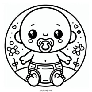 Simple Baby Coloring Page In A Diaper Wearing A Pacifier For Kids