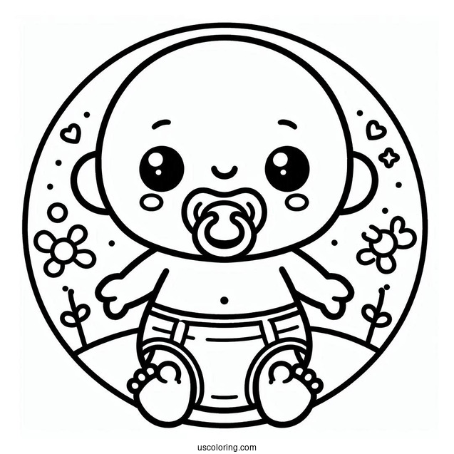Simple Baby Coloring Page In A Diaper Wearing A Pacifier For Kids
