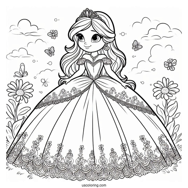 Easy Princess Daisy Coloring Page In Gown For Kids