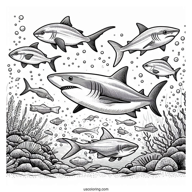 Sharks Coloring Page And Fish Beneath The Water Surface