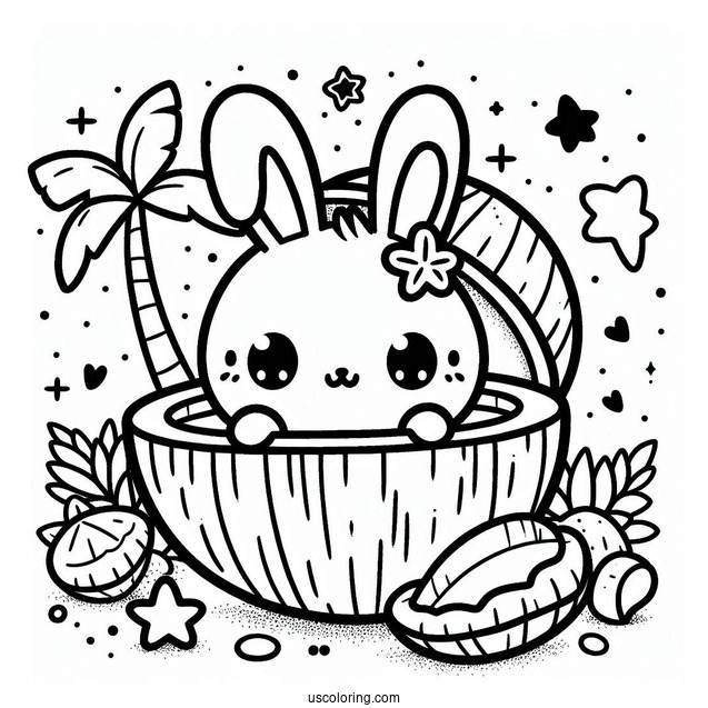 Kawaii Bunny Inside A Coconut Coloring Page For Kids