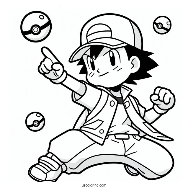 Ash Ketchum Throwing Pokeball Coloring Page For Kids