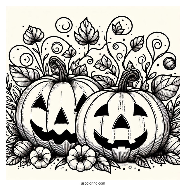 Pumpkin Coloring Page Two Jack O Lantern With Vines