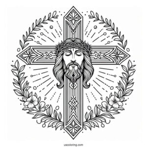 Elegant Cross Coloring Page With Jesus s Face At The Center