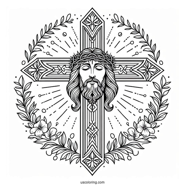 Elegant Cross Coloring Page With Jesus s Face At The Center