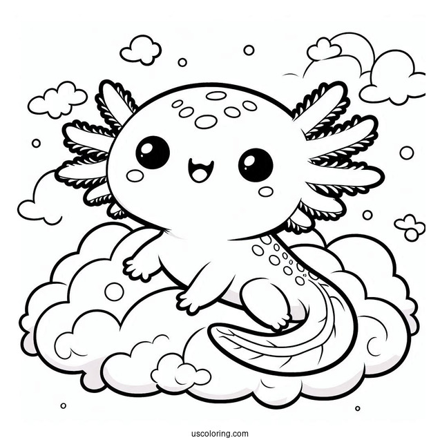Kawaii Baby Axolotl Coloring Page In The Clouds For Kids