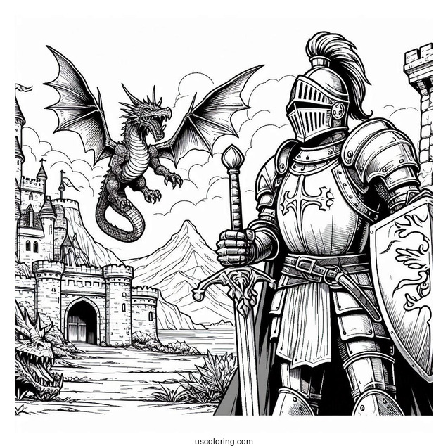 Realistic Knight In Front Of Castle Tower With Dragon