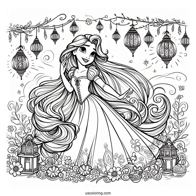 Tangled Princess Coloring Page Of Rapunzel With Lanterns In Background