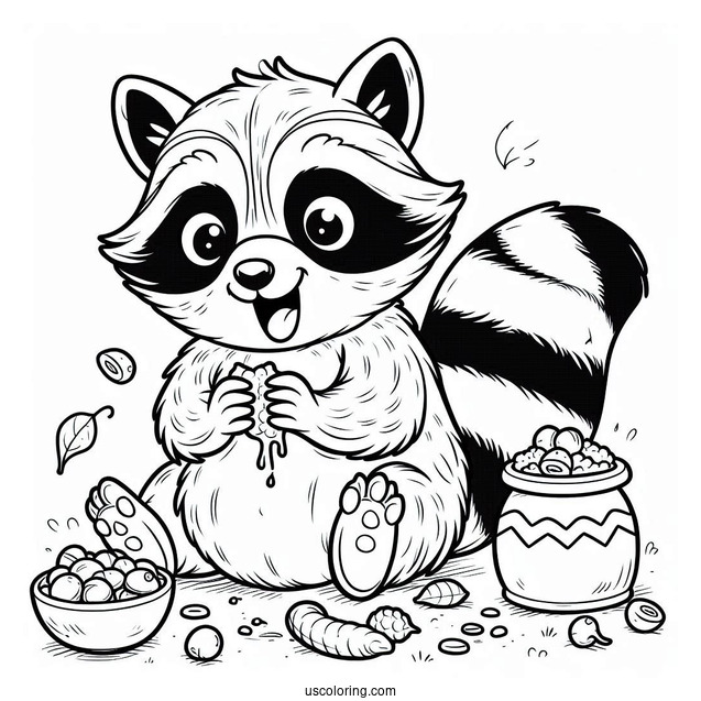 Happy Raccoon Coloring Page With Leftover Food