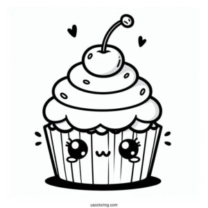 Kawaii Cupcake With Cherry On Top Coloring Sheet