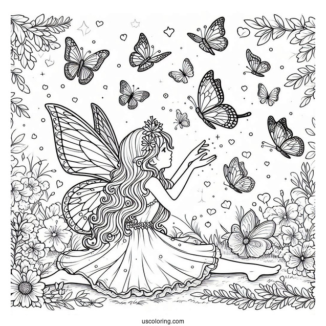 Fairy Playing With Tiny Butterflies Coloring Page