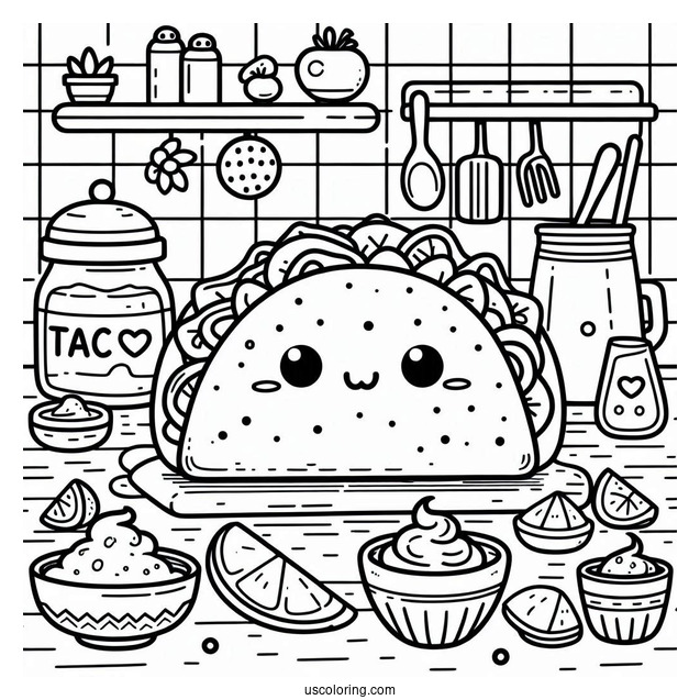 Adorable Taco On The Kitchen Coloring Sheet For Kids