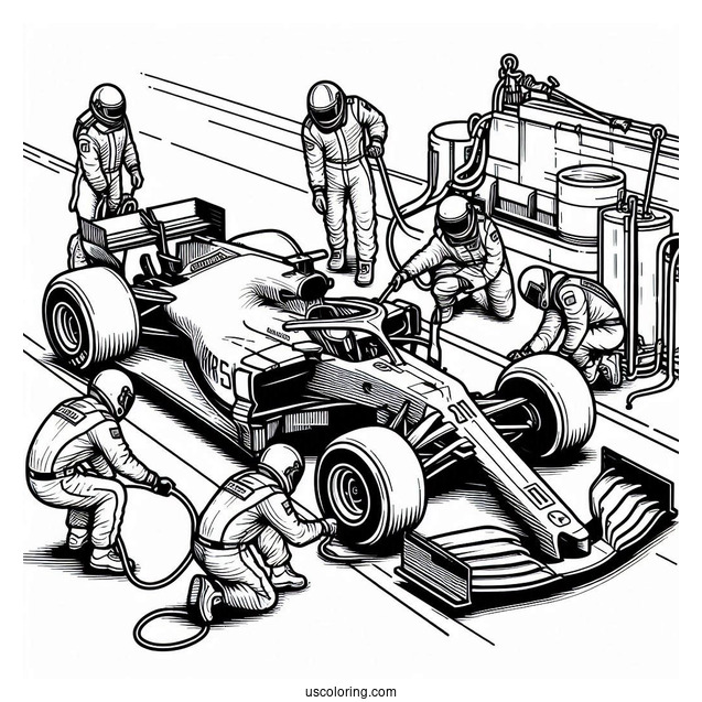 F1 Coloring Page Pit Stop Crew Servicing Race Car
