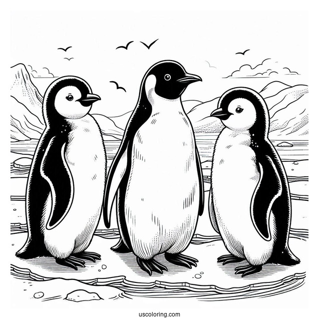 3 Emperor Penguins On Ice Coloring Page