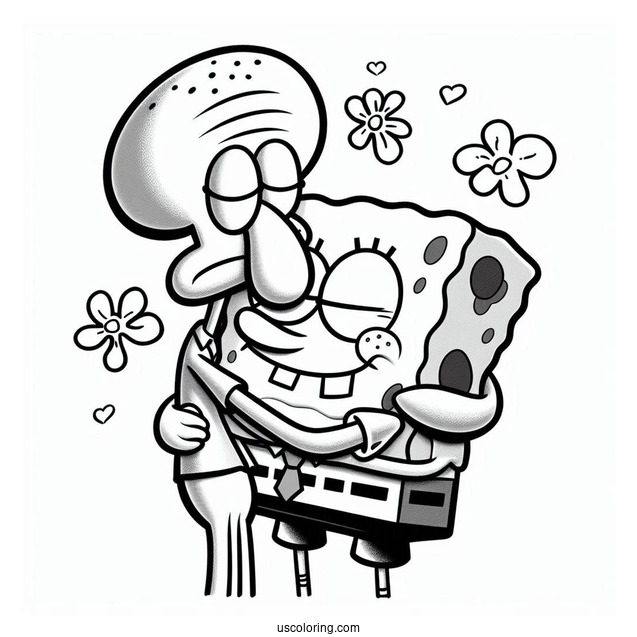 SpongeBob Hugging Squidward Coloring Page