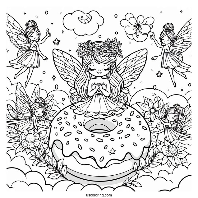 Fairies Surrounding A Donut Coloring Page In The Clouds