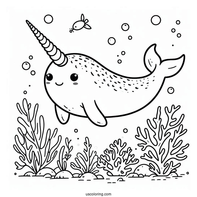 Cute Narwhal Coloring Page Swimming In A Coral Reef For Kids