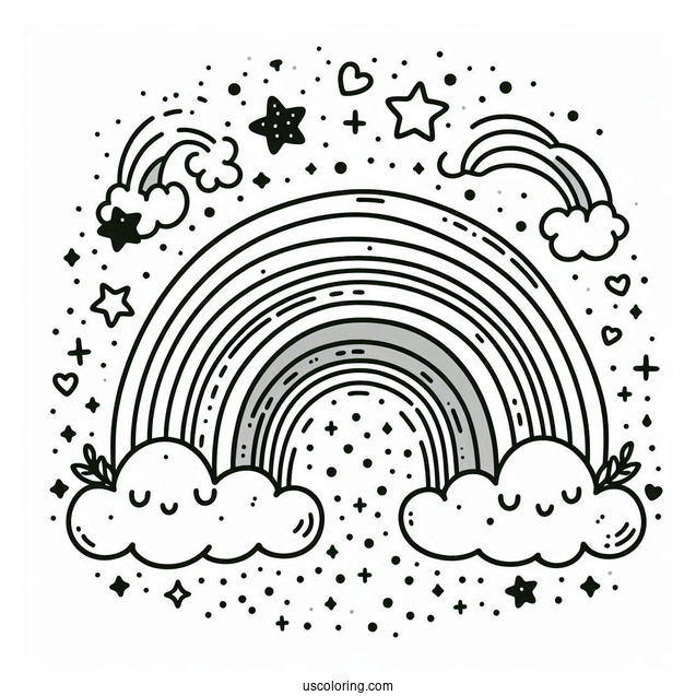 Coloring Page Of a Rainbow With Clouds And Stars