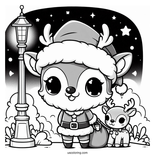 Chibi Rudolph Coloring Page And Santa Under A Lamppost For Preschoolers