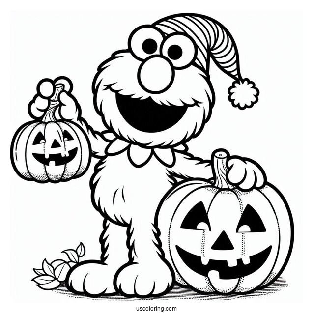 Halloween Themed Elmo Holding a Pumpkin To Color