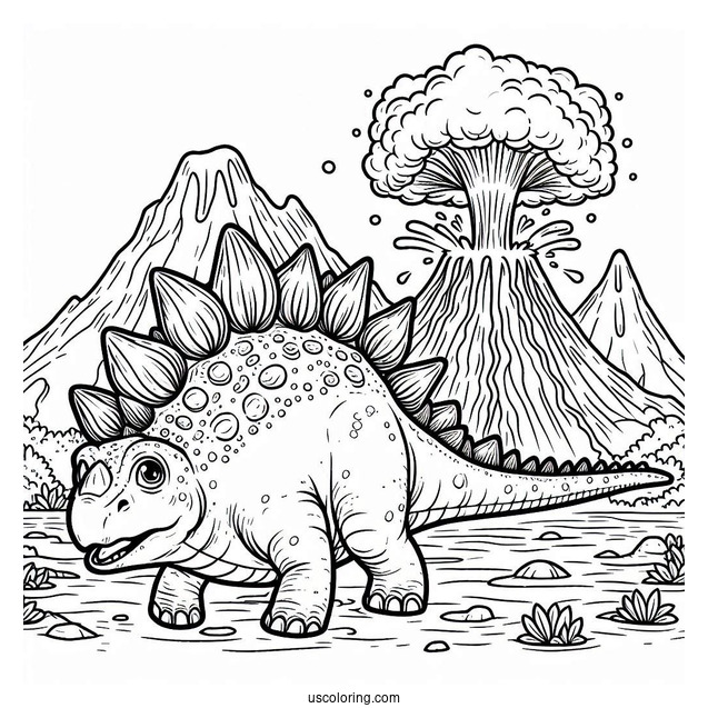 Stegosaurus Coloring Page In Front Of Erupting Volcano